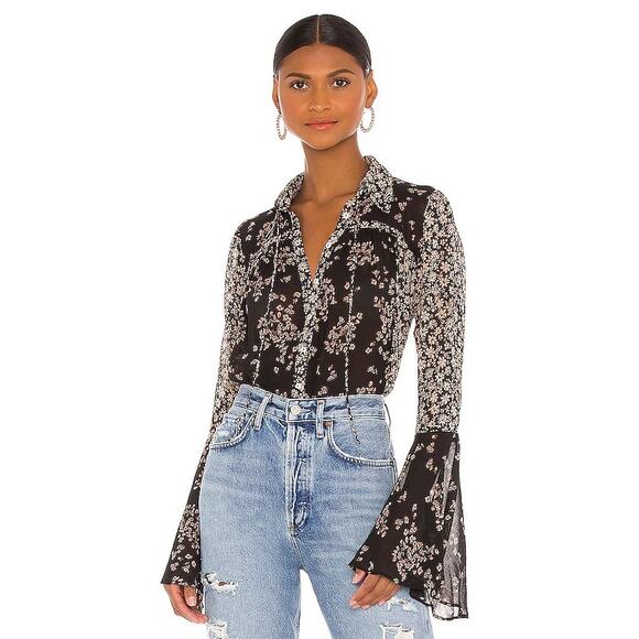 Free People Tops - Free People Black Tan Floral Whimsygoth Sheer Button Down Blouse Women's Medium